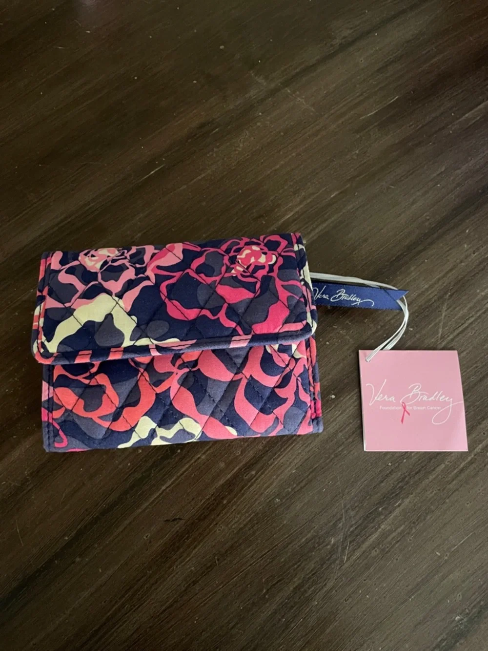 Vera Bradley Quilted Wallet in Navy, Pink & Cream Floral Pattern - Picture 1 of 4